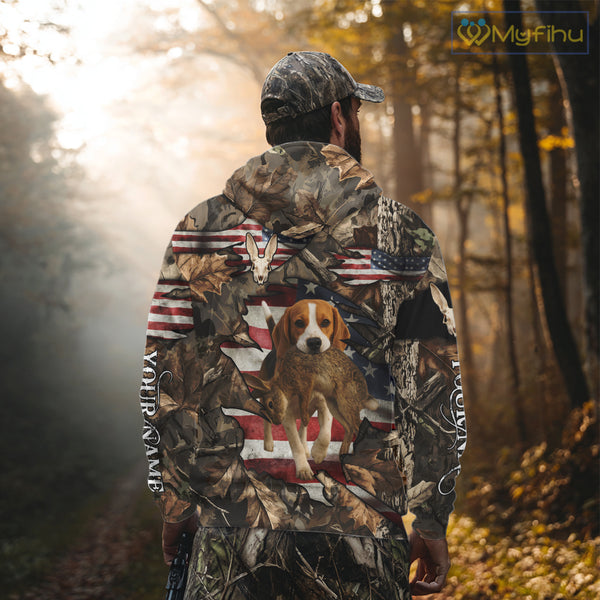Rabbit Hunting with Beagle Skull 3D US Flag Forest Camo Custom Hunting Shirt – Hunting Gift NHT162