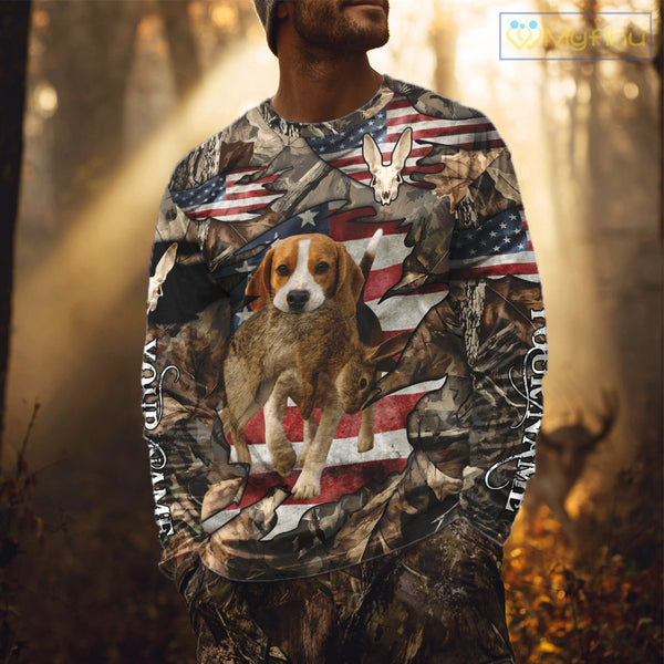 Rabbit Hunting with Beagle Skull 3D US Flag Forest Camo Custom Hunting Shirt – Hunting Gift NHT162