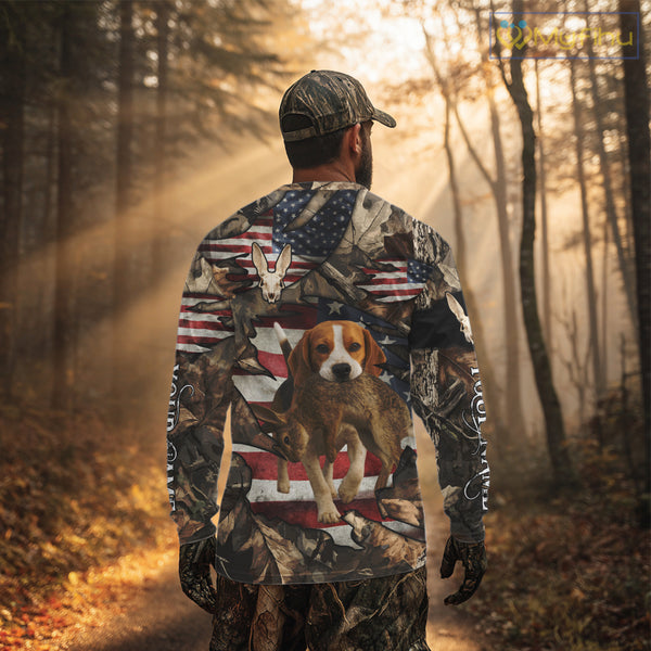 Rabbit Hunting with Beagle Skull 3D US Flag Forest Camo Custom Hunting Shirt – Hunting Gift NHT162