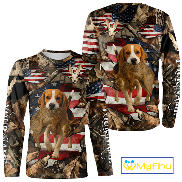 Rabbit Hunting with Beagle Skull 3D US Flag Forest Camo Custom Hunting Shirt – Hunting Gift NHT162