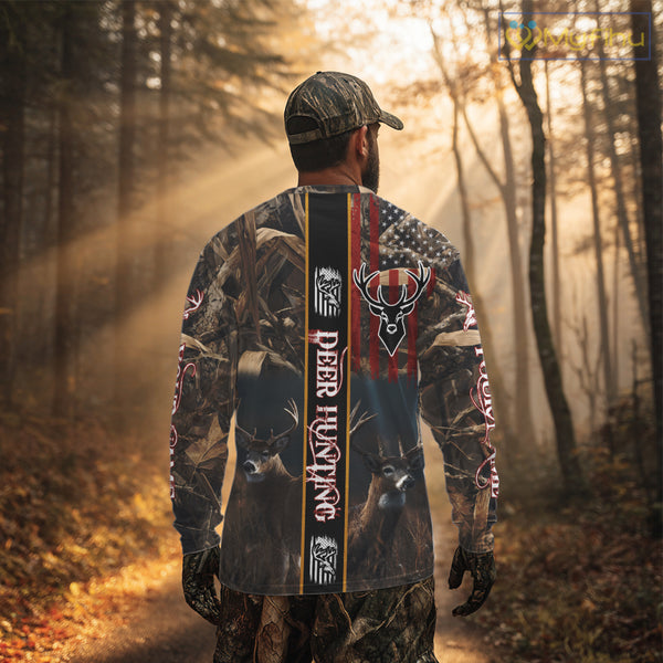 Whitetail Deer Camouflage US Flag Personalized Hunting Shirts, Hoodie Hunting Gift NHT321