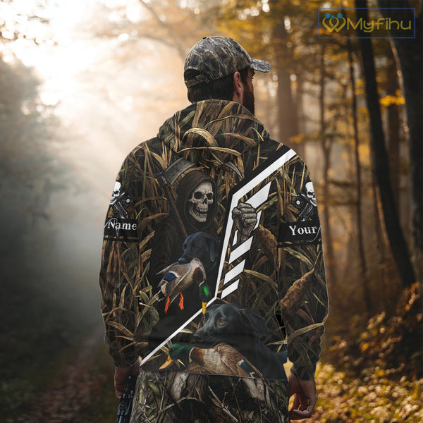 Waterfowl Hunting Shirt Camo Personalized with Black Lab Dog and Grim Reaper, Hunting Gifts NHT168
