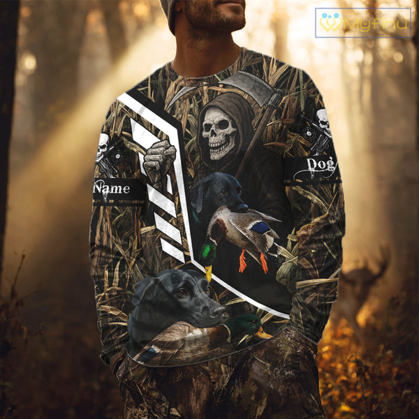Waterfowl Hunting Shirt Camo Personalized with Black Lab Dog and Grim Reaper, Hunting Gifts NHT168