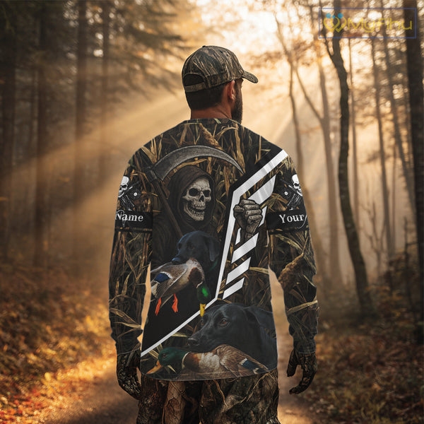 Waterfowl Hunting Shirt Camo Personalized with Black Lab Dog and Grim Reaper, Hunting Gifts NHT168
