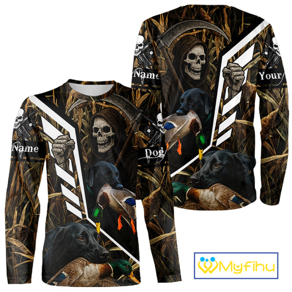 Waterfowl Hunting Shirt Camo Personalized with Black Lab Dog and Grim Reaper, Hunting Gifts NHT168
