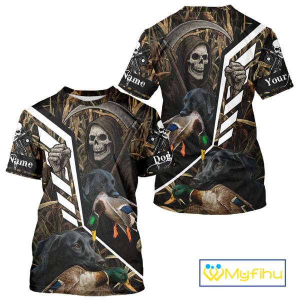 Waterfowl Hunting Shirt Camo Personalized with Black Lab Dog and Grim Reaper, Hunting Gifts NHT168