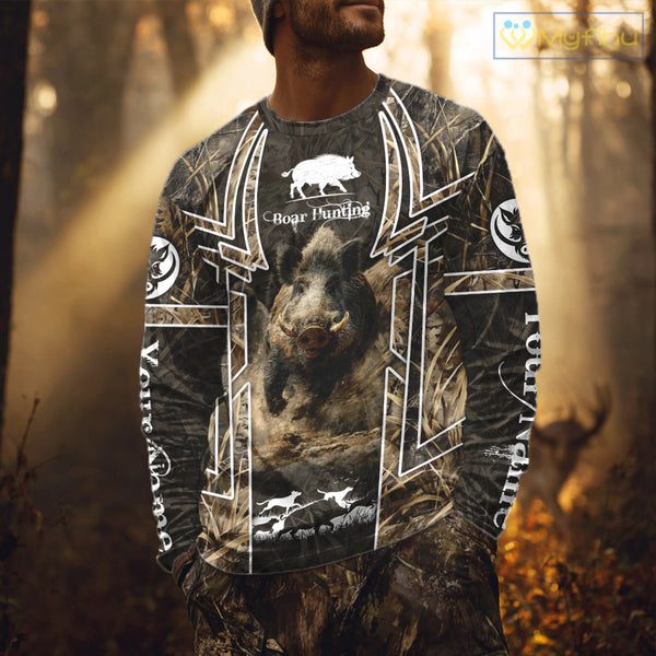 Wild Hog Hunting Full 3D Camo Printed Custom Name Boar Hunting Clothes, Hunting Gifts NBT192