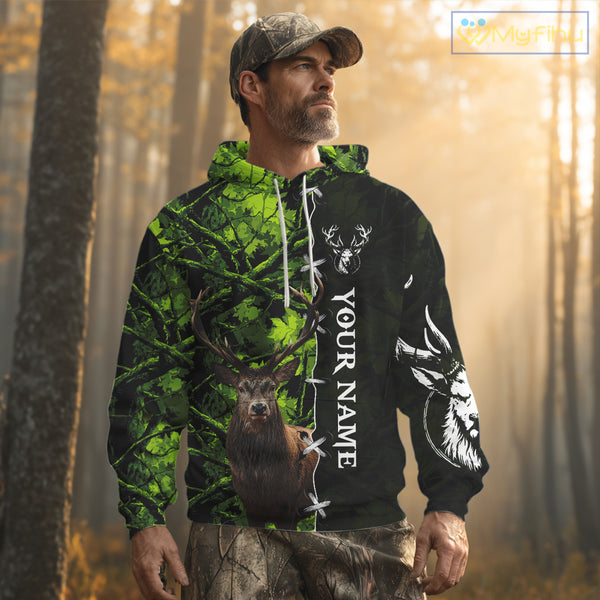 Green Camo Deer Hunting Hoodie, Longsleeve Shirt for Deer Season, Hunting Gifts for Men NBT10