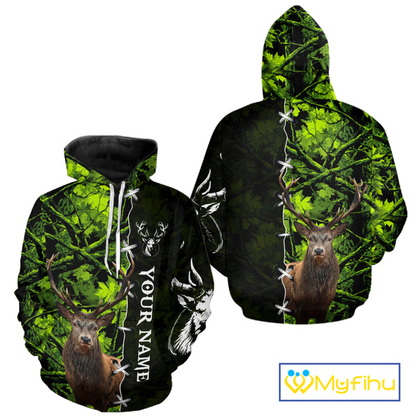 Green Camo Deer Hunting Hoodie, Longsleeve Shirt for Deer Season, Hunting Gifts for Men NBT10