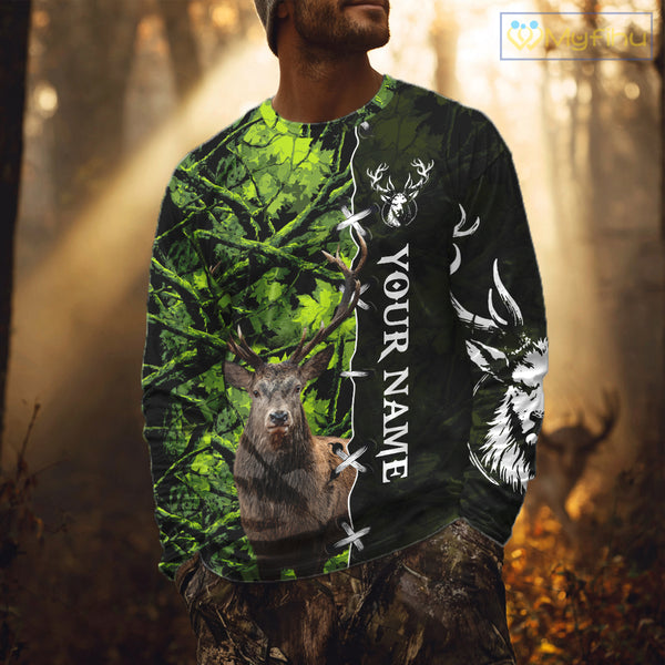 Green Camo Deer Hunting Hoodie, Longsleeve Shirt for Deer Season, Hunting Gifts for Men NBT10