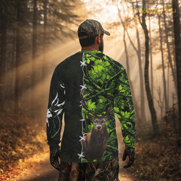 Green Camo Deer Hunting Hoodie, Longsleeve Shirt for Deer Season, Hunting Gifts for Men NBT10