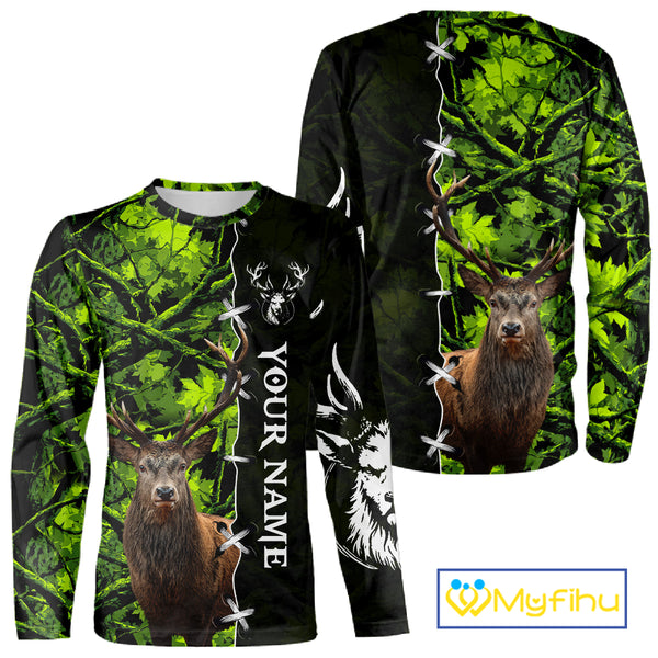Green Camo Deer Hunting Hoodie, Longsleeve Shirt for Deer Season, Hunting Gifts for Men NBT10