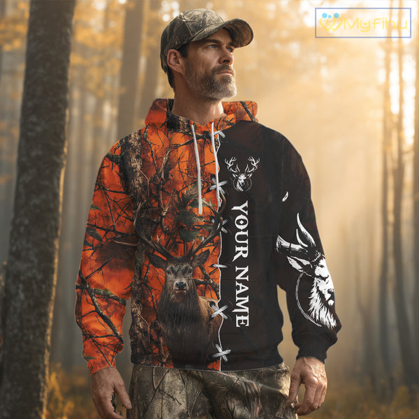 Orange Camo Deer Hunting Hoodie, Longsleeve Shirt for Red Deer Hunting Season, Hunter Gifts NBT11