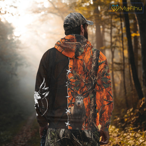 Orange Camo Deer Hunting Hoodie, Longsleeve Shirt for Red Deer Hunting Season, Hunter Gifts NBT11