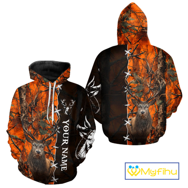 Orange Camo Deer Hunting Hoodie, Longsleeve Shirt for Red Deer Hunting Season, Hunter Gifts NBT11
