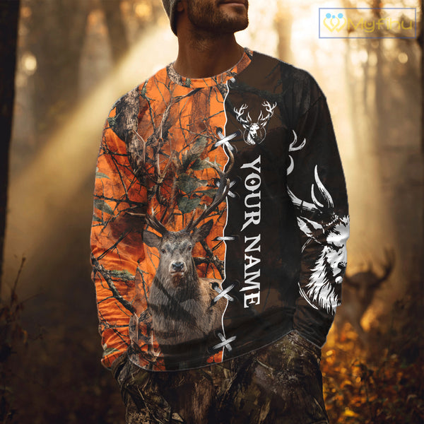 Orange Camo Deer Hunting Hoodie, Longsleeve Shirt for Red Deer Hunting Season, Hunter Gifts NBT11