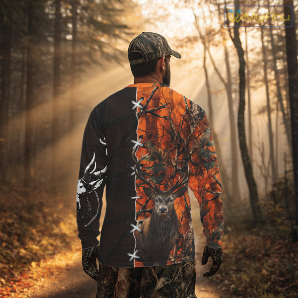 Orange Camo Deer Hunting Hoodie, Longsleeve Shirt for Red Deer Hunting Season, Hunter Gifts NBT11