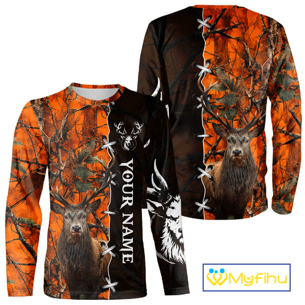 Orange Camo Deer Hunting Hoodie, Longsleeve Shirt for Red Deer Hunting Season, Hunter Gifts NBT11