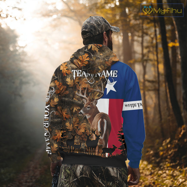 Texas Flag Fall Camo Deer Hunting Hoodie, Longsleeve Shirt - Personalized Name Option NBT12