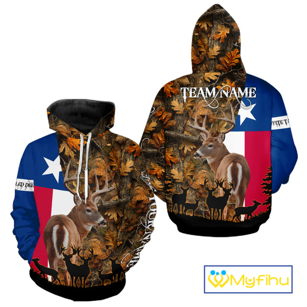 Texas Flag Fall Camo Deer Hunting Hoodie, Longsleeve Shirt - Personalized Name Option NBT12