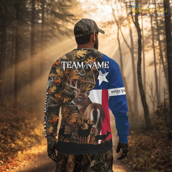 Texas Flag Fall Camo Deer Hunting Hoodie, Longsleeve Shirt - Personalized Name Option NBT12