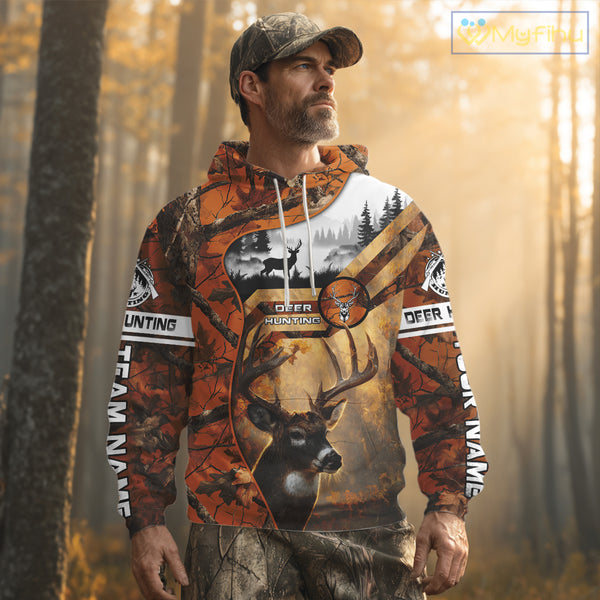 Fall Camo Whitetail Deer Hunting Shirt with Custom Name – Personalized Hunting Clothes for Men NBT26