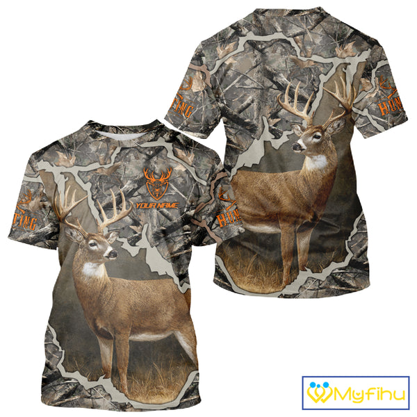 Custom Whitetail Deer Hunting Custom Name Camo Shirt, Deer Hunting Apparel, Camouflage Deer Shirts NBT118