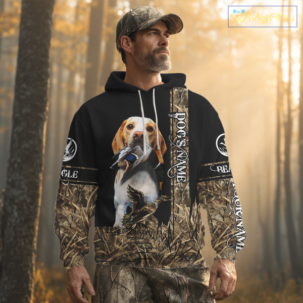 Duck Hunting with Beagle Dog Camo Custom Name All Over Print Shirts, Hunting Gifts NBT120