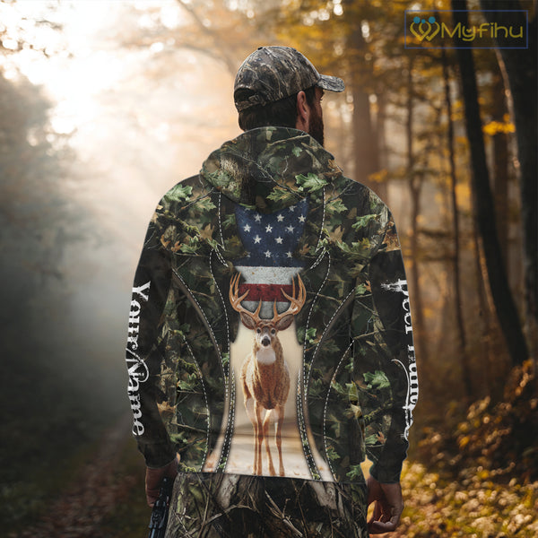 Patriotic Green Camo Deer Hunting Shirt – American Flag Whitetail Buck, Custom Name for Men NBT34