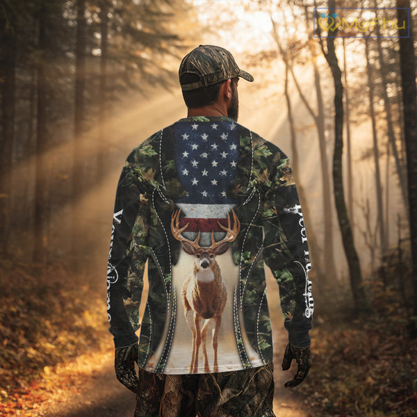 Patriotic Green Camo Deer Hunting Shirt – American Flag Whitetail Buck, Custom Name for Men NBT34