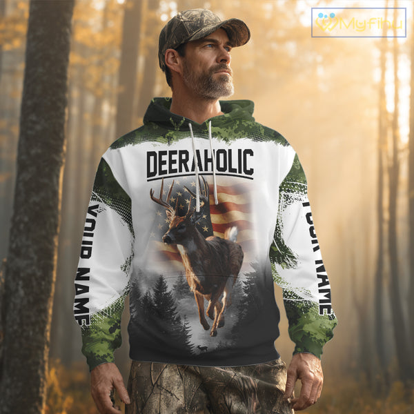 Green Camouflage Deer Hunting Shirts with American Flag – Custom Name, Gift for Hunters NBT37