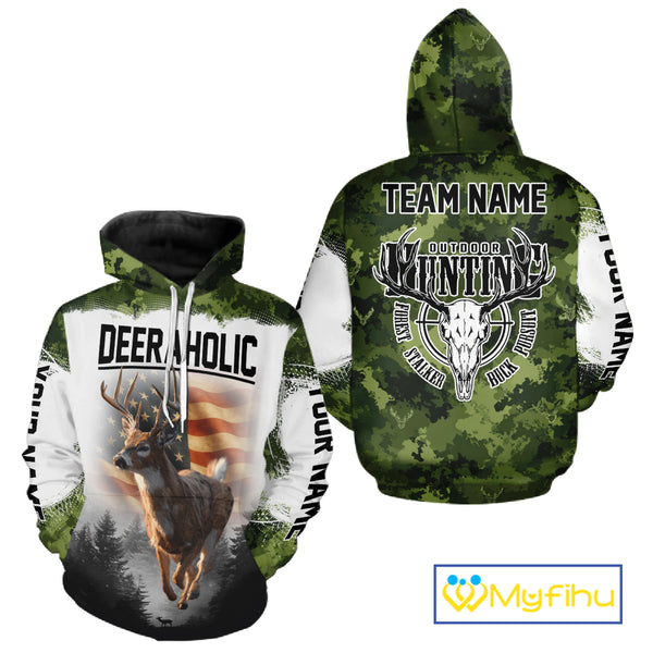 Green Camouflage Deer Hunting Shirts with American Flag – Custom Name, Gift for Hunters NBT37