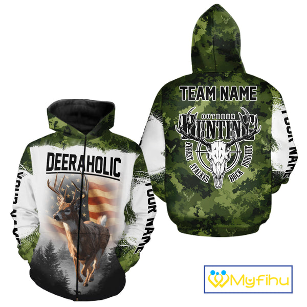 Green Camouflage Deer Hunting Shirts with American Flag – Custom Name, Gift for Hunters NBT37