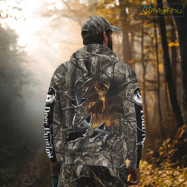 American Flag Camo Deer Hunting Shirts with Antler for Men, Hunting Gift Ideas for Hunters NBT46