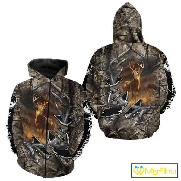 American Flag Camo Deer Hunting Shirts with Antler for Men, Hunting Gift Ideas for Hunters NBT46