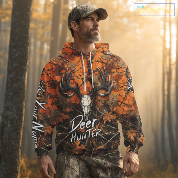 Deer Hunting Orange Camo Deer Skull Full Printing Custom Name Shirts, Custom Deer Hunting Shirt NBT144