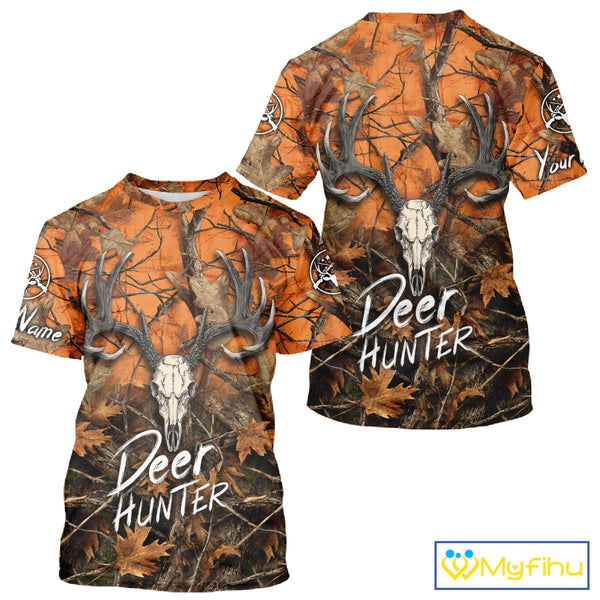 Deer Hunting Orange Camo Deer Skull Full Printing Custom Name Shirts, Custom Deer Hunting Shirt NBT144