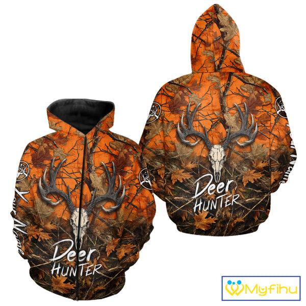 Deer Hunting Orange Camo Deer Skull Full Printing Custom Name Shirts, Custom Deer Hunting Shirt NBT144