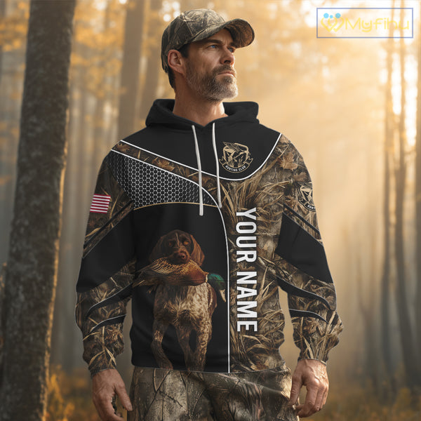 Duck Hunting with German Wirehaired Pointer Dog Camo Custom Name Shirts, Duck Hunting Shirts for Hunter NBT157