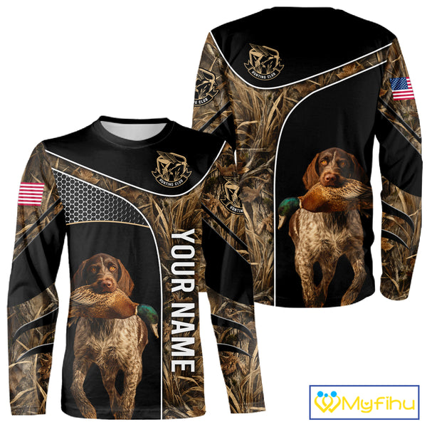 Duck Hunting with German Wirehaired Pointer Dog Camo Custom Name Shirts, Duck Hunting Shirts for Hunter NBT157