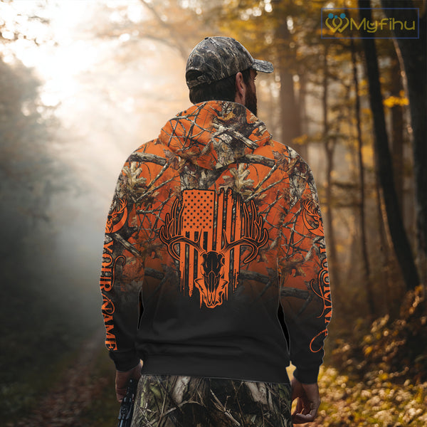 Best Orange Camouflage Deer Hunting Custom Name US Flag Shirts, Deer Hunting Clothes NBT93