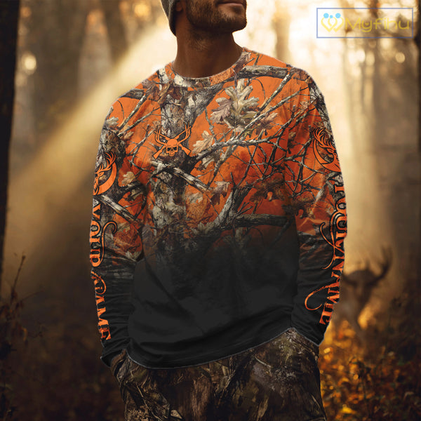 Best Orange Camouflage Deer Hunting Custom Name US Flag Shirts, Deer Hunting Clothes NBT93