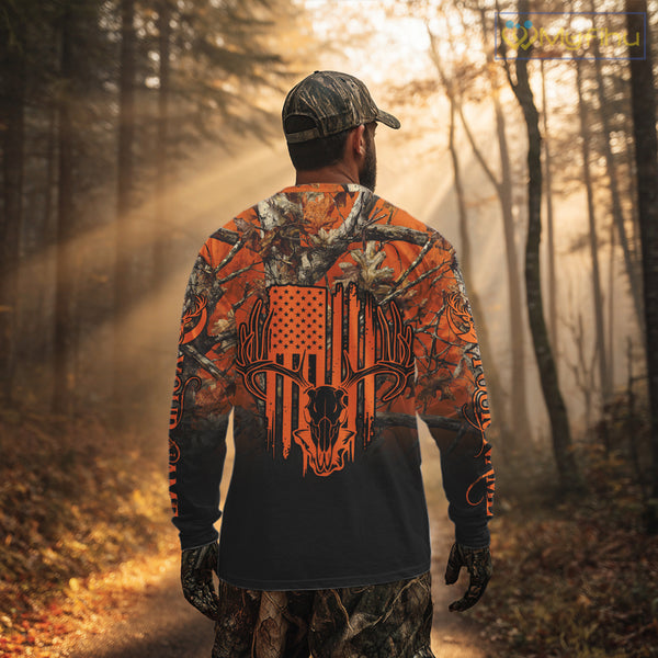 Best Orange Camouflage Deer Hunting Custom Name US Flag Shirts, Deer Hunting Clothes NBT93