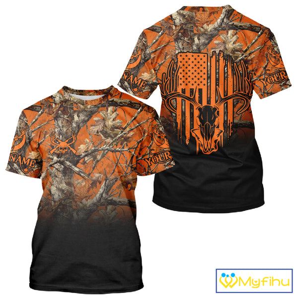 Best Orange Camouflage Deer Hunting Custom Name US Flag Shirts, Deer Hunting Clothes NBT93