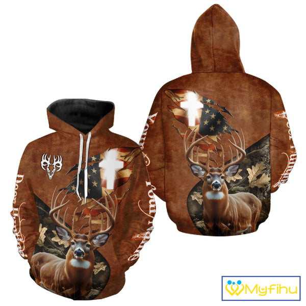 Whitetail Deer Hunting Leather Pattern US Flag Camouflage Custom Name 3D Shirts for Men NBT262