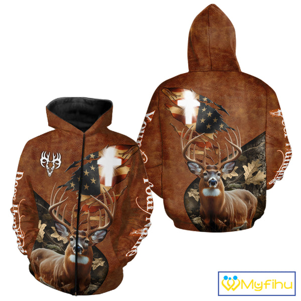 Whitetail Deer Hunting Leather Pattern US Flag Camouflage Custom Name 3D Shirts for Men NBT262