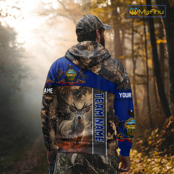 Pennsylvania Flag Deer Hunting Hoodie, Longsleeve Shirt, Brown Camo Custom Name NBT05