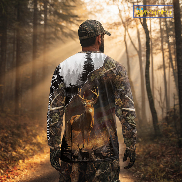 Whitetail Deer Hunting US Flag Camouflage Custom 3D Shirts, Personalized Deer Hunting Shirt NBT196