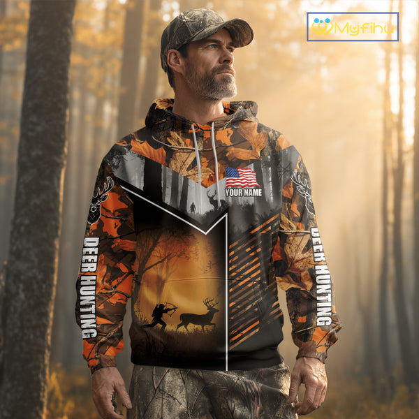 Orange Camo Deer Bow Hunting Custom Name Shirts - Best Hunting Apparel, Hunting Gifts for Men NBT42