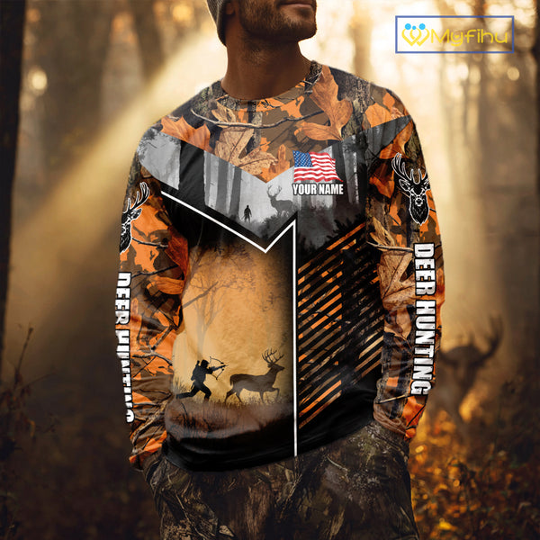 Orange Camo Deer Bow Hunting Custom Name Shirts - Best Hunting Apparel, Hunting Gifts for Men NBT42